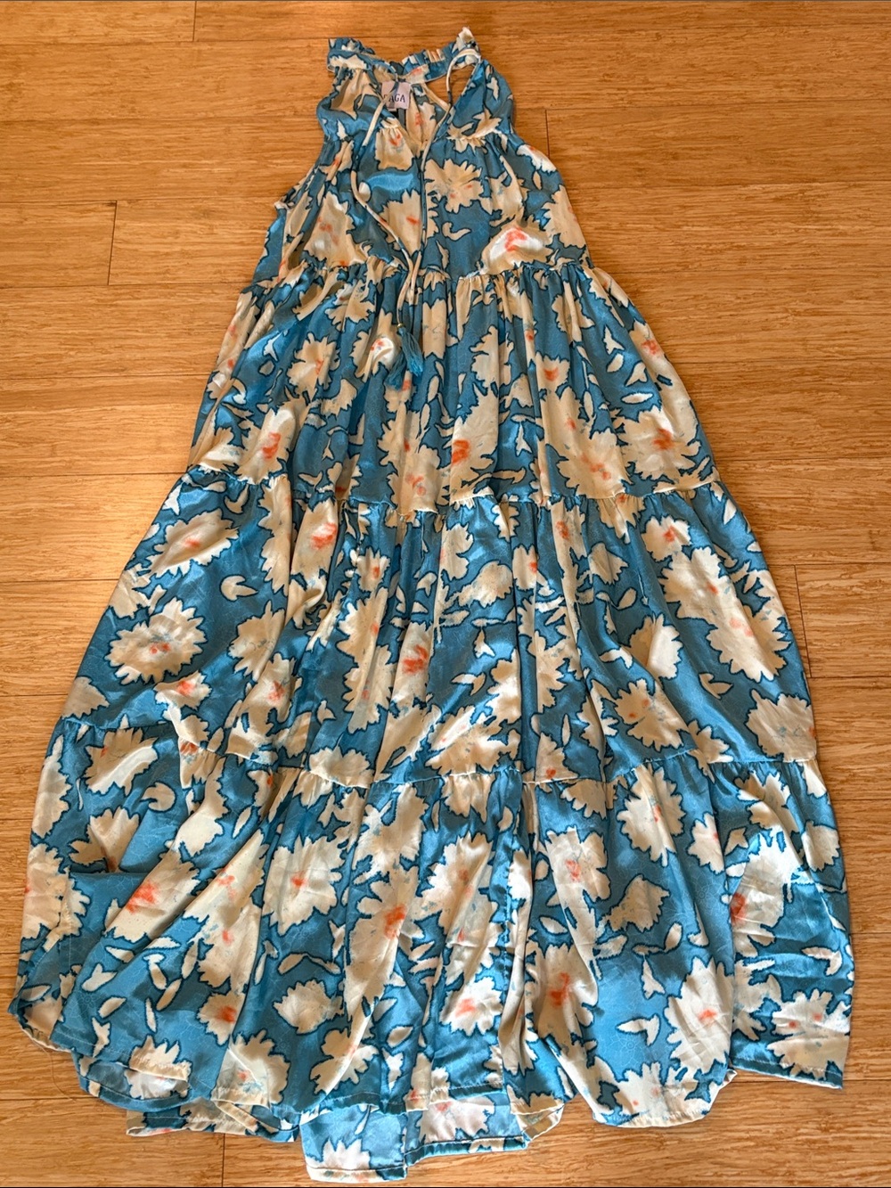 AnthropologieRAGA Blue Cream Daisy Floral Tiered Halter Maxi Dress XS boho